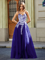 Maxi Robe Appliquée en Dentelle à Col en Cœur Bleu Royale