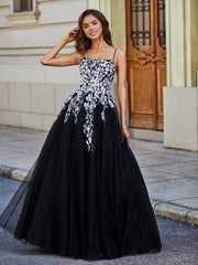 Robe en Tulle Dentelle Appliquée à Encolure Carrée Noir Grande Taille