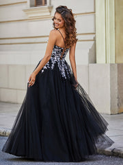 Robe en Tulle Dentelle Appliquée à Encolure Carrée Noir