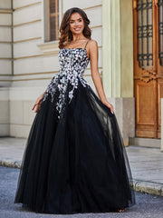 Robe en Tulle Dentelle Appliquée à Encolure Carrée Noir