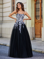 Robe en Tulle Dentelle Appliquée à Encolure Carrée Noir