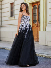 Robe en Tulle Dentelle Appliquée à Encolure Carrée Noir