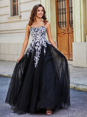 Robe en Tulle Dentelle Appliquée à Encolure Carrée Noir