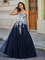 Robe en Tulle Dentelle Appliquée à Encolure Carrée Bleu Marine Grande Taille
