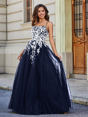 Robe en Tulle Dentelle Appliquée à Encolure Carrée Bleu Marine