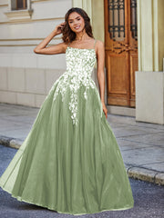 Robe en Tulle Dentelle Appliquée à Encolure Carrée Sauge Poudrée Grande Taille