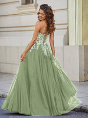 Robe en Tulle Dentelle Appliquée à Encolure Carrée Sauge Poudrée Grande Taille