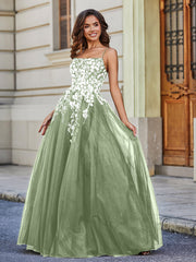 Robe en Tulle Dentelle Appliquée à Encolure Carrée Sauge Poudrée