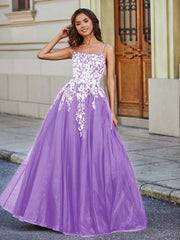 Robe en Tulle Dentelle Appliquée à Encolure Carrée Lilas