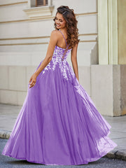 Robe en Tulle Dentelle Appliquée à Encolure Carrée Lilas