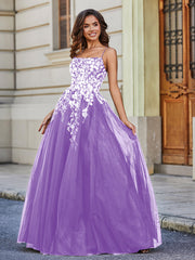 Robe en Tulle Dentelle Appliquée à Encolure Carrée Lilas Grande Taille