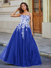 Robe en Tulle Dentelle Appliquée à Encolure Carrée Bleu Royale Grande Taille