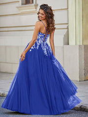 Robe en Tulle Dentelle Appliquée à Encolure Carrée Bleu Royale Grande Taille