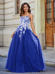 Robe en Tulle Dentelle Appliquée à Encolure Carrée Bleu Royale