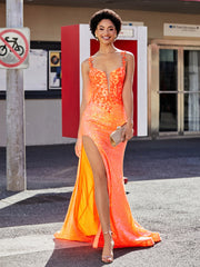 Robe Trompette en Paillettes Appliquée avec Fente Orange Grande Taille