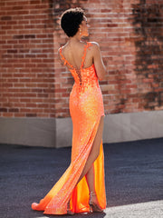 Robe Trompette en Paillettes Appliquée avec Fente Orange