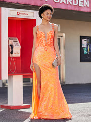 Robe Trompette en Paillettes Appliquée avec Fente Orange