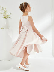 Robe de Fille en Acétate Satin à Col en V avec Nœud Pétale Rose