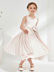 Robe de Fille en Acétate Satin à Col en V avec Nœud Pétale Rose