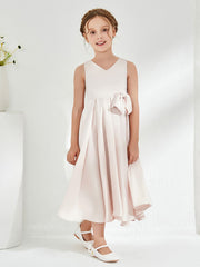Robe de Fille en Acétate Satin à Col en V avec Nœud Pétale Rose