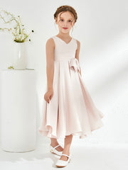 Robe de Fille en Acétate Satin à Col en V avec Nœud Pétale Rose