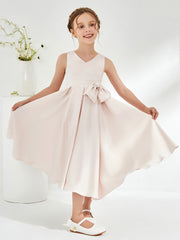 Robe de Fille en Acétate Satin à Col en V avec Nœud Pétale Rose