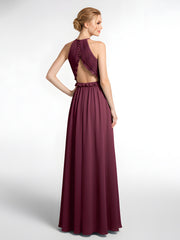 Robe Longue Maxi en Mousseline Décolleté en Trou de Serrure de Dos Ouvert Mûre