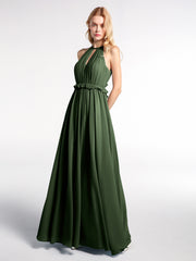 Robe Longue Maxi en Mousseline Décolleté en Trou de Serrure de Dos Ouvert Olive Verte