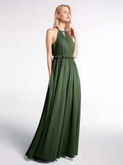 Robe Longue Maxi en Mousseline Décolleté en Trou de Serrure de Dos Ouvert Olive Verte
