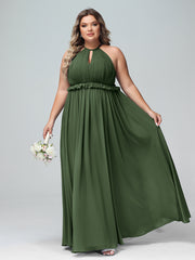 Robe Longue Maxi en Mousseline Décolleté en Trou de Serrure de Dos Ouvert Olive Verte Grande Taille