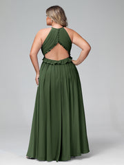 Robe Longue Maxi en Mousseline Décolleté en Trou de Serrure de Dos Ouvert Olive Verte Grande Taille
