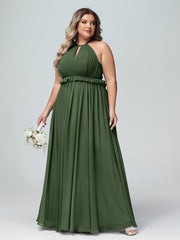 Robe Longue Maxi en Mousseline Décolleté en Trou de Serrure de Dos Ouvert Olive Verte Grande Taille