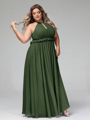 Robe Longue Maxi en Mousseline Décolleté en Trou de Serrure de Dos Ouvert Olive Verte Grande Taille