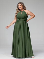 Robe Longue Maxi en Mousseline Décolleté en Trou de Serrure de Dos Ouvert Olive Verte Grande Taille