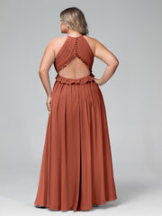 Robe Longue Maxi en Mousseline Décolleté en Trou de Serrure de Dos Ouvert terracotta Grande Taille