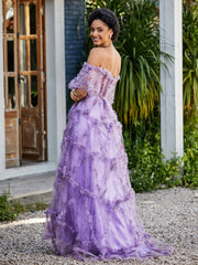 Robe en Tulle Plissée à Hors de l'Épaule avec Demi-Manches Lilas Grande Taille