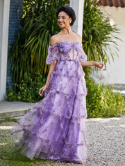 Robe en Tulle Plissée à Hors de l'Épaule avec Demi-Manches Lilas