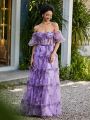 Robe en Tulle Plissée à Hors de l'Épaule avec Demi-Manches Lilas Grande Taille