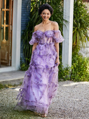 Robe en Tulle Plissée à Hors de l'Épaule avec Demi-Manches Lilas
