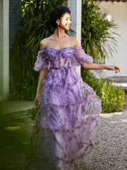 Robe en Tulle Plissée à Hors de l'Épaule avec Demi-Manches Lilas