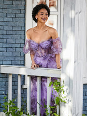 Robe en Tulle Plissée à Hors de l'Épaule avec Demi-Manches Lilas Grande Taille
