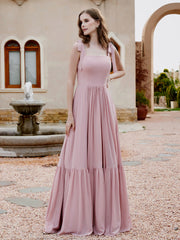 Robe Longueur au Sol en Mousseline à Encolure Carrée Rose Poudré Grande Taille