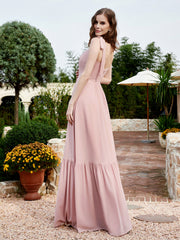 Robe Longueur au Sol en Mousseline à Encolure Carrée Rose Poudré Grande Taille