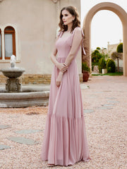 Robe Longueur au Sol en Mousseline à Encolure Carrée Rose Poudré