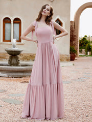 Robe Longueur au Sol en Mousseline à Encolure Carrée Rose Poudré