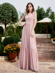 Robe Longueur au Sol en Mousseline à Encolure Carrée Rose Poudré