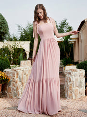 Robe Longueur au Sol en Mousseline à Encolure Carrée Rose Poudré