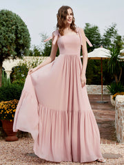 Robe Longueur au Sol en Mousseline à Encolure Carrée Rose Poudré