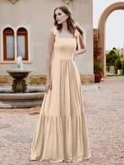 Robe Longueur au Sol en Mousseline à Encolure Carrée Champagne Grande Taille