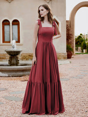 Robe Longueur au Sol en Mousseline à Encolure Carrée Cannelle Rose